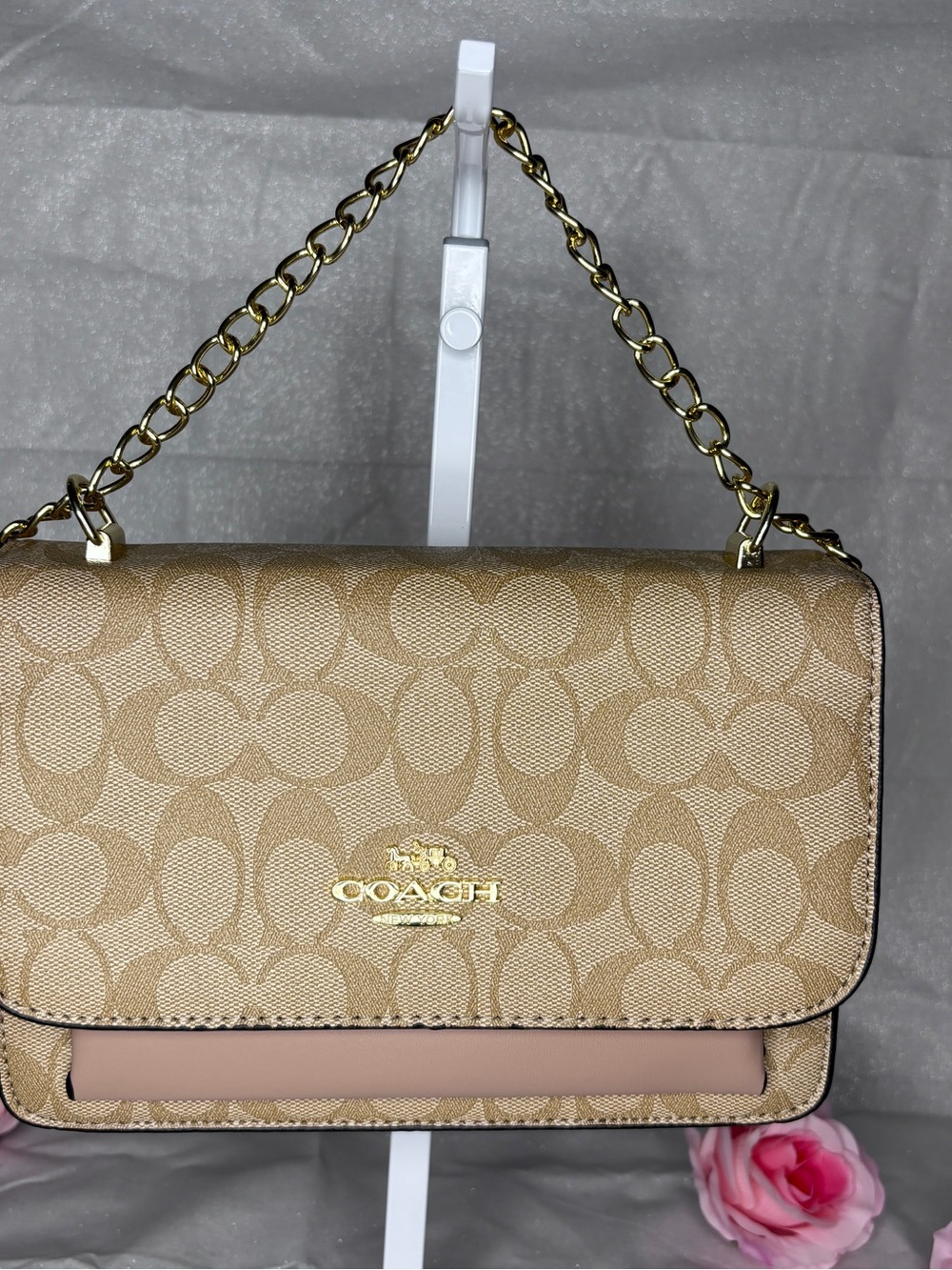 Coach Signature Flap Shoulder Bag in Gold and Blush